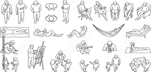 Diverse Collection of Vector Outline People for Architectural Plans and Graphic Design Projects, Depicting Human Figures in Various Poses for CAD Illustrations and Scale Representation