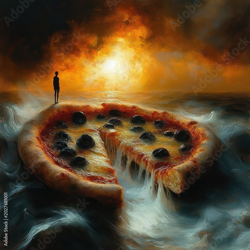solitary figure on a giant olive-topped pizza island watching molten cheese cascade like a waterfall into a turbulent sea under a fiery sunset, surreal and contemplative