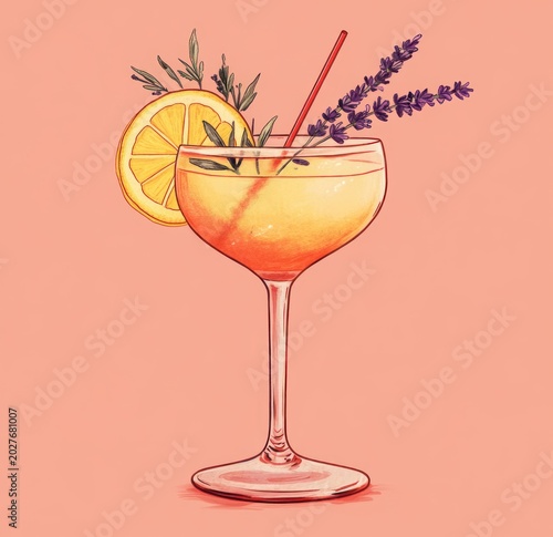 Elegant coupe cocktail with orange citrus slice, lavender sprig, green herb garnish and red straw on a soft peach background — refreshing and calming