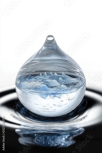 Suspended crystal water droplet containing a miniature icy landscape hovering above a rippling reflective surface, evoking serene tranquil wonder