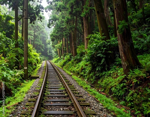 A railway track extends through a lush, verdant forest, under a hazy sky. Tall trees flank the sides, creating a natural tunnel