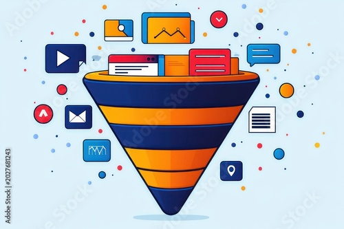 colorful layered funnel with navy and orange stripes surrounded by floating media and app icons, chat bubbles, email and document symbols conveying a dynamic organized digital marketing flow