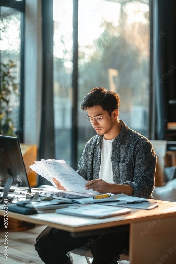 Obraz premium young man focused at a sunlit desk reviewing paperwork with laptop, notepad and pens in a modern office, appearing thoughtful and concentrated