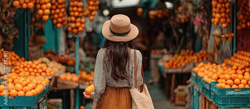 Woman Shopping Orange Fruits in Outdoor Market on Sunny Day