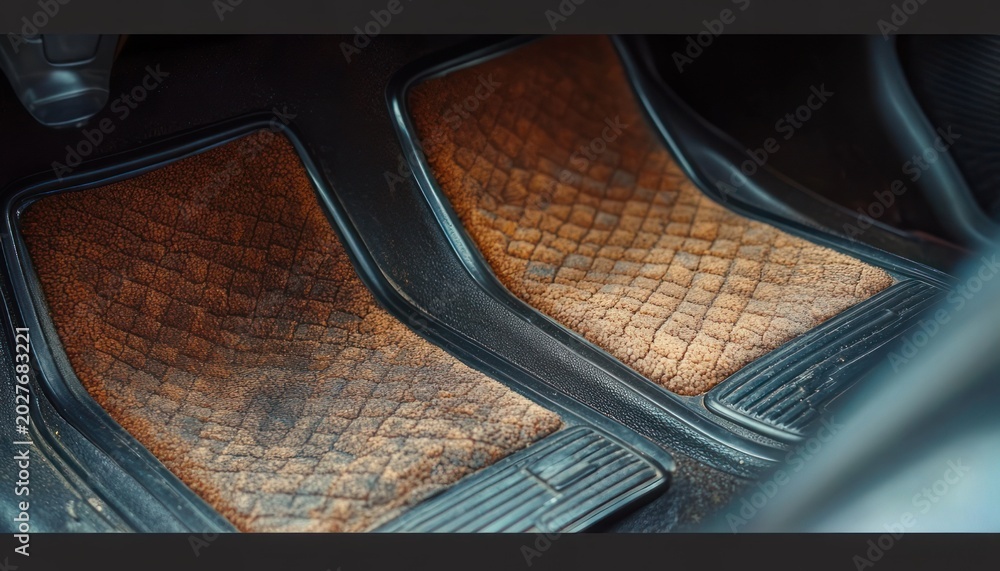 Fototapeta premium worn brown quilted car floor mats with black rubber borders in vehicle footwell, textured carpet showing dust and everyday use and a cozy lived-in feeling