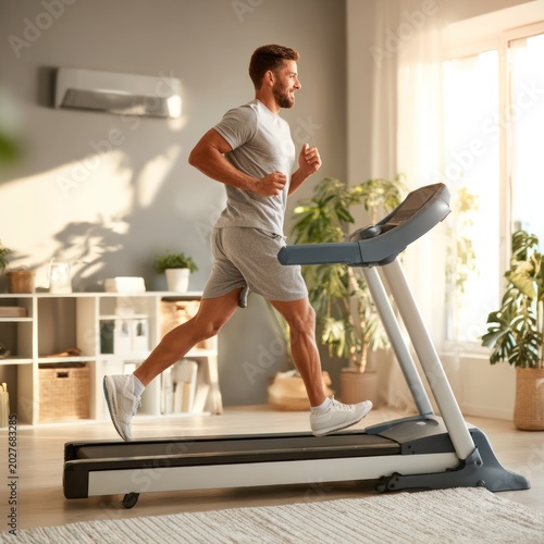 Man Running on Treadmill in Bright Modern Home Gym
