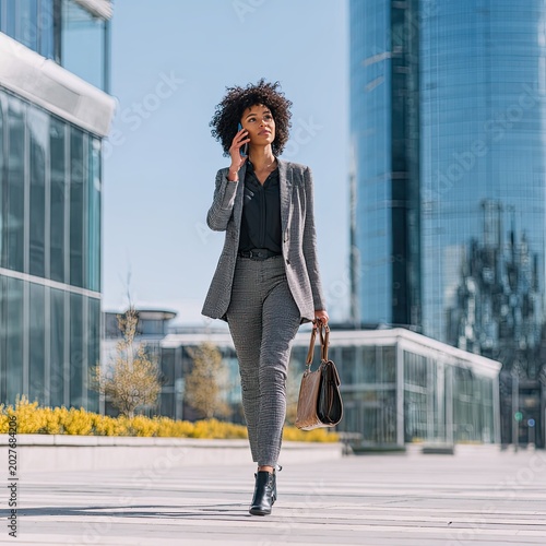 Stylish Young Woman Wearing Grey Business Suit Walking in Modern City