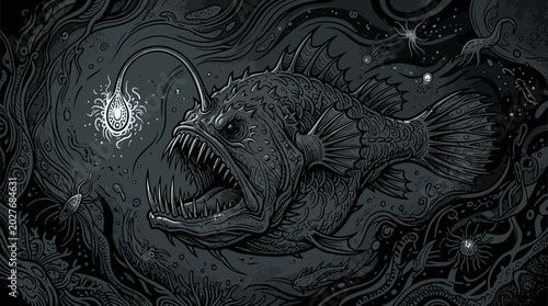 Photos Deep Sea Anglerfish with Bioluminescent Lure, Dark Ocean Abyss