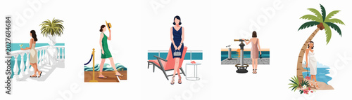 Set of elegant women illustrations during luxury vacations featuring seaside resorts, tropical beaches, and sunset views in a flat vector style.