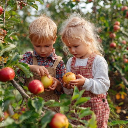 Young Children Picking Apples in Orchard on Sunny Day