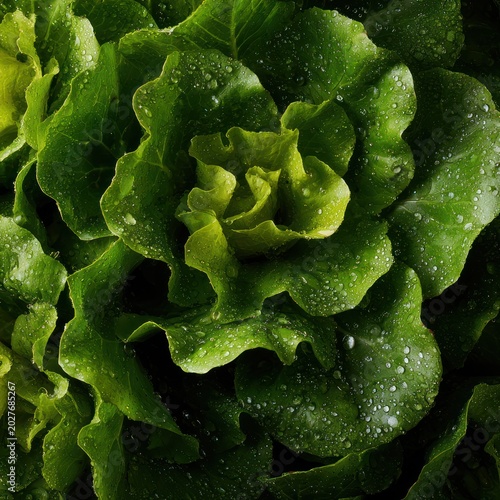 Fresh Green Lettuce Head with Water Droplets in Close-up