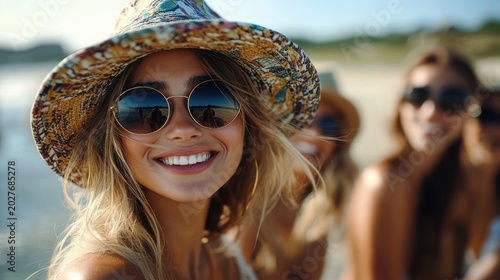 Smiling group of young women on a sunny beach, one wearing a colorful patterned sun hat and sunglasses, carefree summer laughter in warm sunlight
