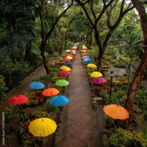 Colorful Umbrellas in Lush Green Park Pathway with Trees and Flowers