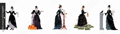 Bild auf Leinwand Collection of elegant Victorian gothic women in mourning attire, featuring spooky Halloween elements like pumpkins, black cats, lanterns, and crows on white background