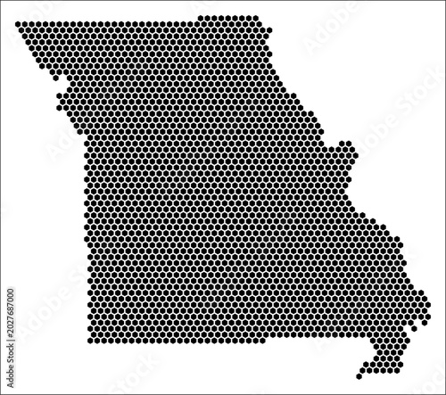 Missouri hexagon map. Plain black and white dotted shape template. State tiny hexagon cells. Missouri flat honeycomb template. Vector Illustration.