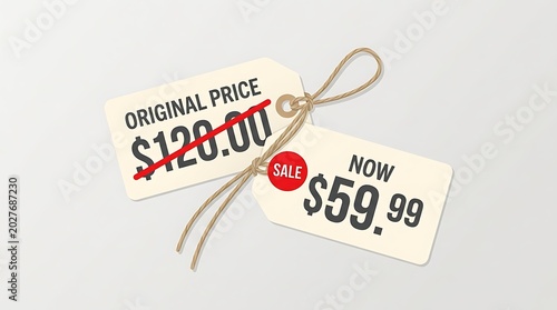 Two paper price tags with strings, original price crossed out and new sale price on white background