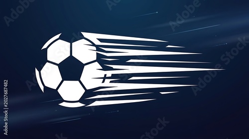 White soccer ball with sharp horizontal motion streaks on a dark blue gradient background, football speed