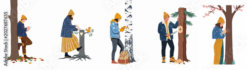 Фотография Set of illustrations showing people carving letters and symbols into various trees and stumps in different seasonal settings on a white background