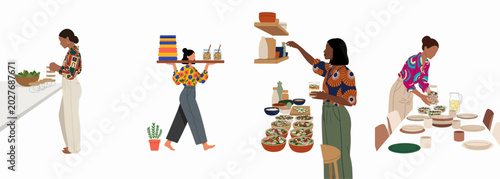 Flat illustration of diverse women engaged in meal preparation, organizing healthy food in jars, and setting a communal dinner table.