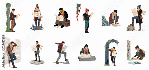 Fotografie A collection of male and female explorers and treasure hunters studying maps in various ancient ruins, caves, and mysterious locations