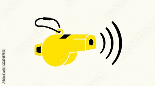 Yellow sports whistle with black sound waves, flat on a light cream background, referee coach