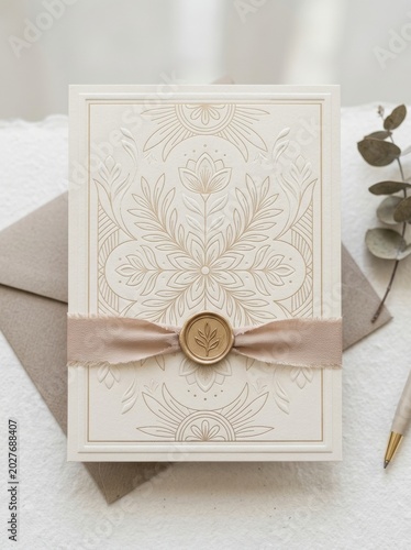Elegant wedding invitation card with gold floral embossing and wax seal. Luxury paper stationery set with silk ribbon. Minimalist design for engagement ceremony and romantic celebration.