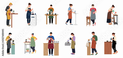 Tableau sur toile Set of male and female baristas in aprons preparing pour over coffee using gooseneck kettles, flat vector illustration isolated on white