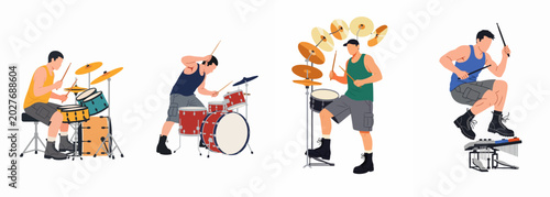 Fotografija Set of four flat vector illustrations featuring a male drummer playing various drum kits and percussion instruments isolated on a white background