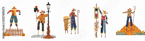 Bild auf Leinwand Set of five flat illustrations of people dressed as scarecrows on stilts, celebrating autumn harvest and Halloween festivities