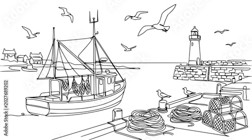 Fishing boat docked in harbor with lighthouse, seagulls, and lobster traps