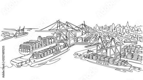 Shipping port scene with cargo ships, cranes, containers, and city skyline in line art style