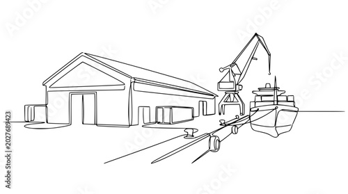 Continuous Line Drawing of a Shipyard with Crane and Warehouse