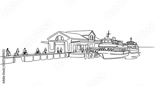 Continuous Line Drawing of Ferry Terminal with People and Boats
