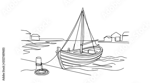 Canvas Print Sailboat Moored at Dock in Coastal Village - Line Art Illustration