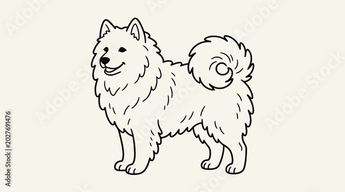 Photos Hand-drawn fluffy samoyed dog illustration, smiling, cartoon style, isolated on