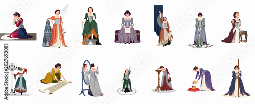 Bild auf Leinwand Set of dramatic vector illustrations featuring a woman in historical period costumes performing various scenes from theatre, literature, and tragedy