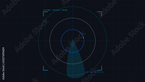 Radar screen display with blue and white graphics and coordinates