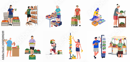 Fotografía A collection of diverse volunteers sorting, packing, and distributing fresh fruits and vegetables at a community food bank and market