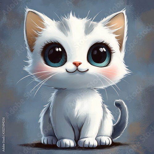 fluffy white kitten sitting with rounded paws and curled tail, soft whimsical and innocent mood