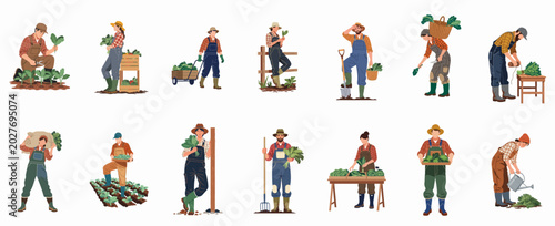 Quadro su tela Collection of diverse flat illustrations featuring farmers and gardeners harvesting, carrying, and selling fresh organic vegetables in a variety of poses and tasks