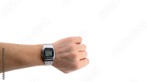 electronic digital watch on wrist of male hand on white background
