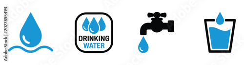 Tablou pe pânză Drinking water icons featuring drop water mineral water shower plastic bottle glass and tide symbols