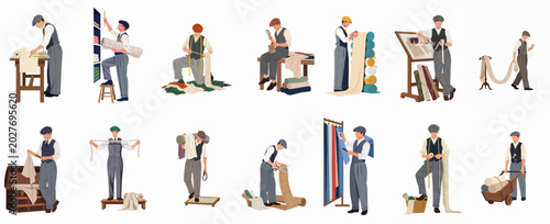 Bilde på lerret Collection of vintage tailors and fabric merchants working with textiles, measuring, cutting, and organizing various fabrics in a classic flat illustration style