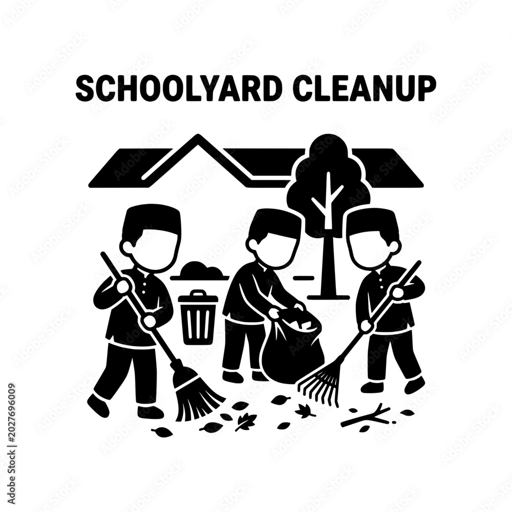Obraz premium Schoolyard Cleanup Children Working Together to Clean Up the School Grounds.