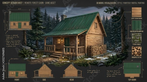 Detailed Illustration of a Cozy Cabin in a Forest Setting with Design Elements.