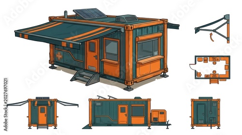 Detailed Illustration of a Mobile Food and Beverage Container with Solar Panels.