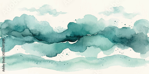 Tableau sur toile Abstract blue sky clouds watercolor landscape with mountains, fog, ocean and sun