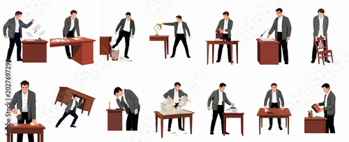 Bild auf Leinwand Set of Illustrations Depicting a Businessman Experiencing Intense Anger, Stress,