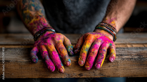 Colorful hands covered in paint rest on wooden surface during solo art therapy session, expressing creativity and emotion through vibrant colors