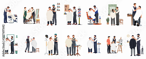 Foto Comprehensive collection of flat vector illustrations depicting professional barbers performing haircuts, shaves, and grooming services for male clients in a modern barbershop